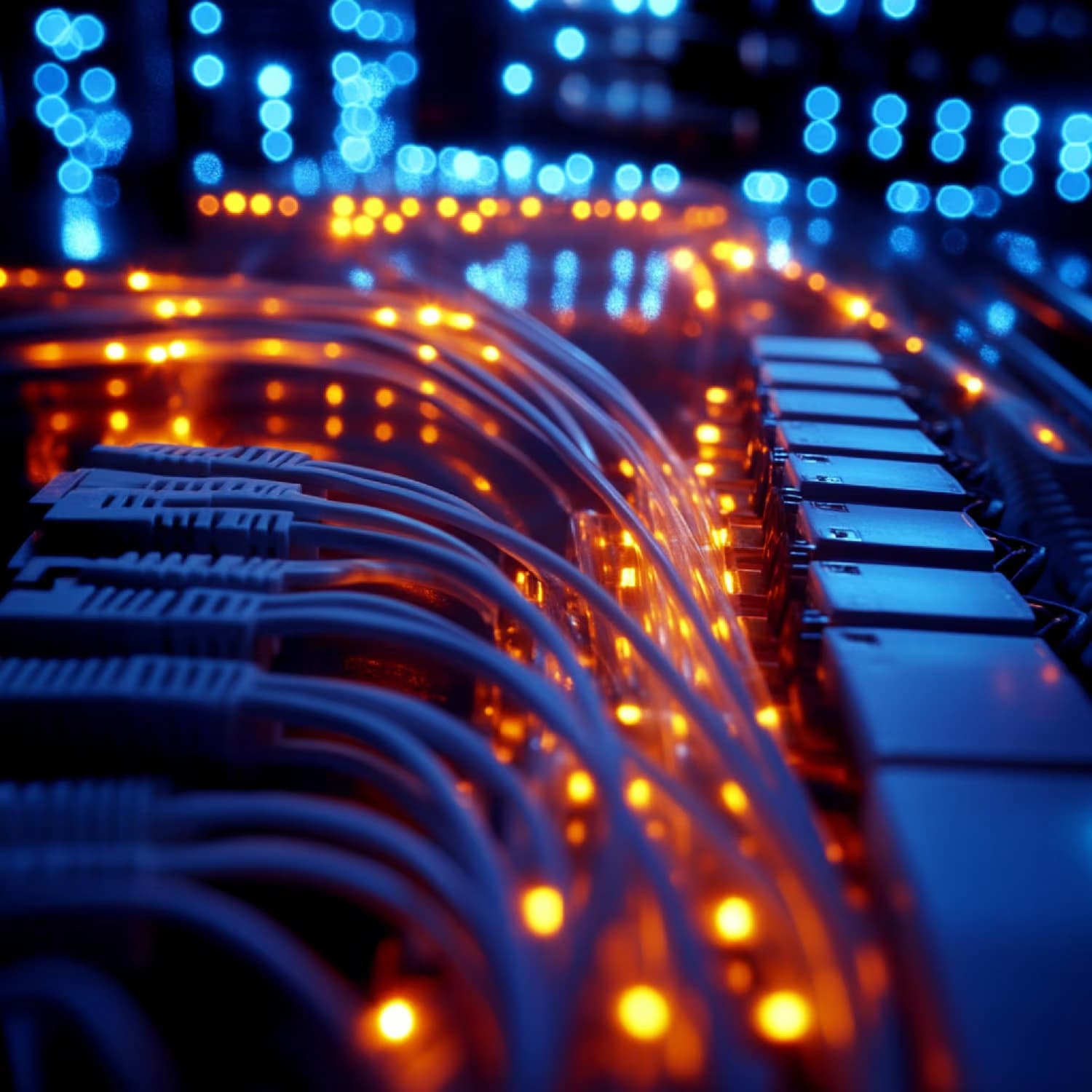 Server otağında fiber optik kabel dəstələri